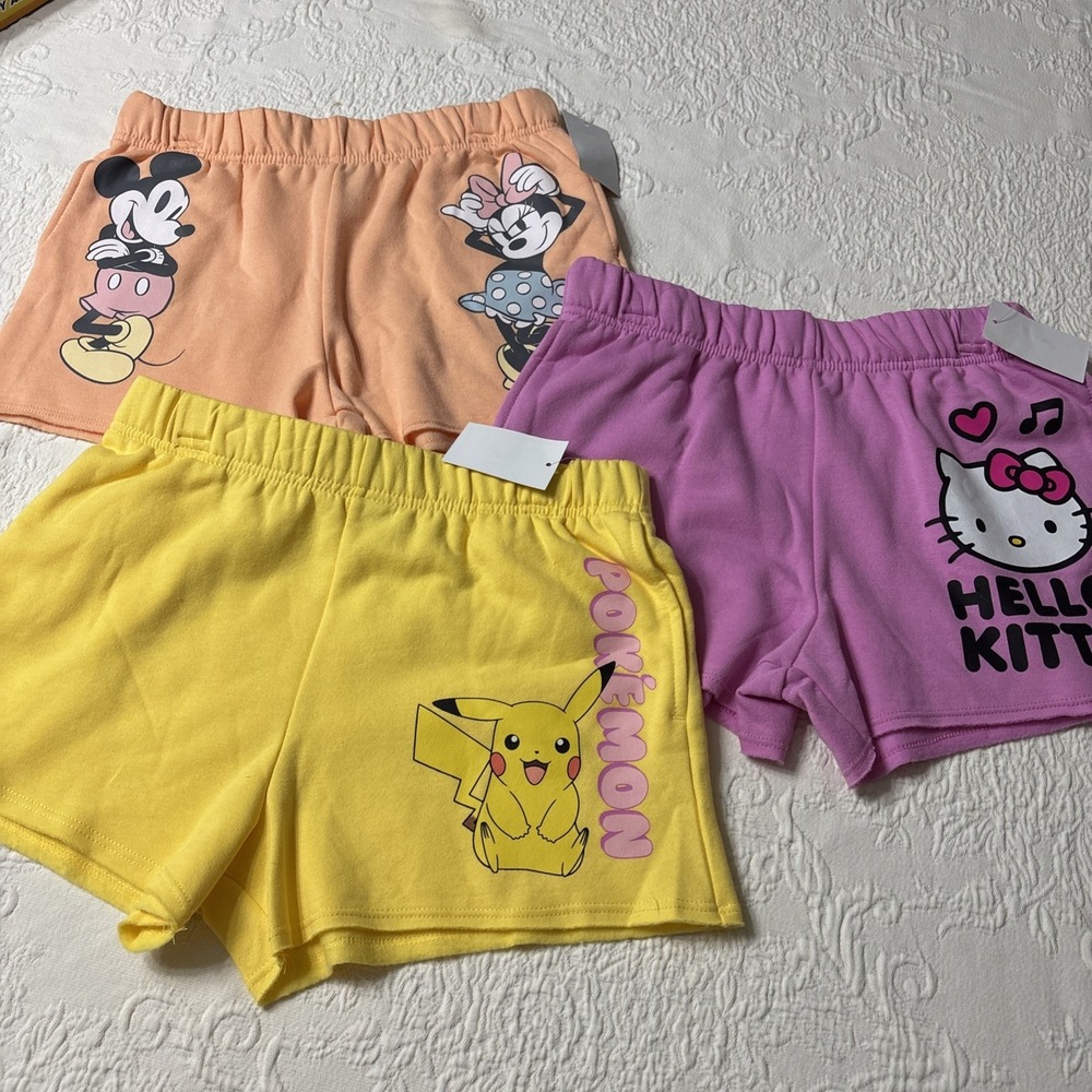 NWT Girls  L 10/12 Shorts Lot  Of 3 Hello Kitty, Pokémon, Mickey &Minnie Pockets